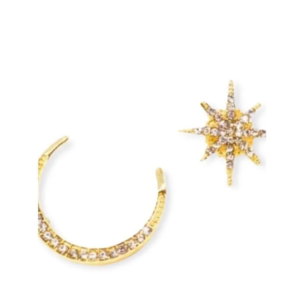 Gold Crystal Celestial MisMatched Moon & Star Post Earrings NWT